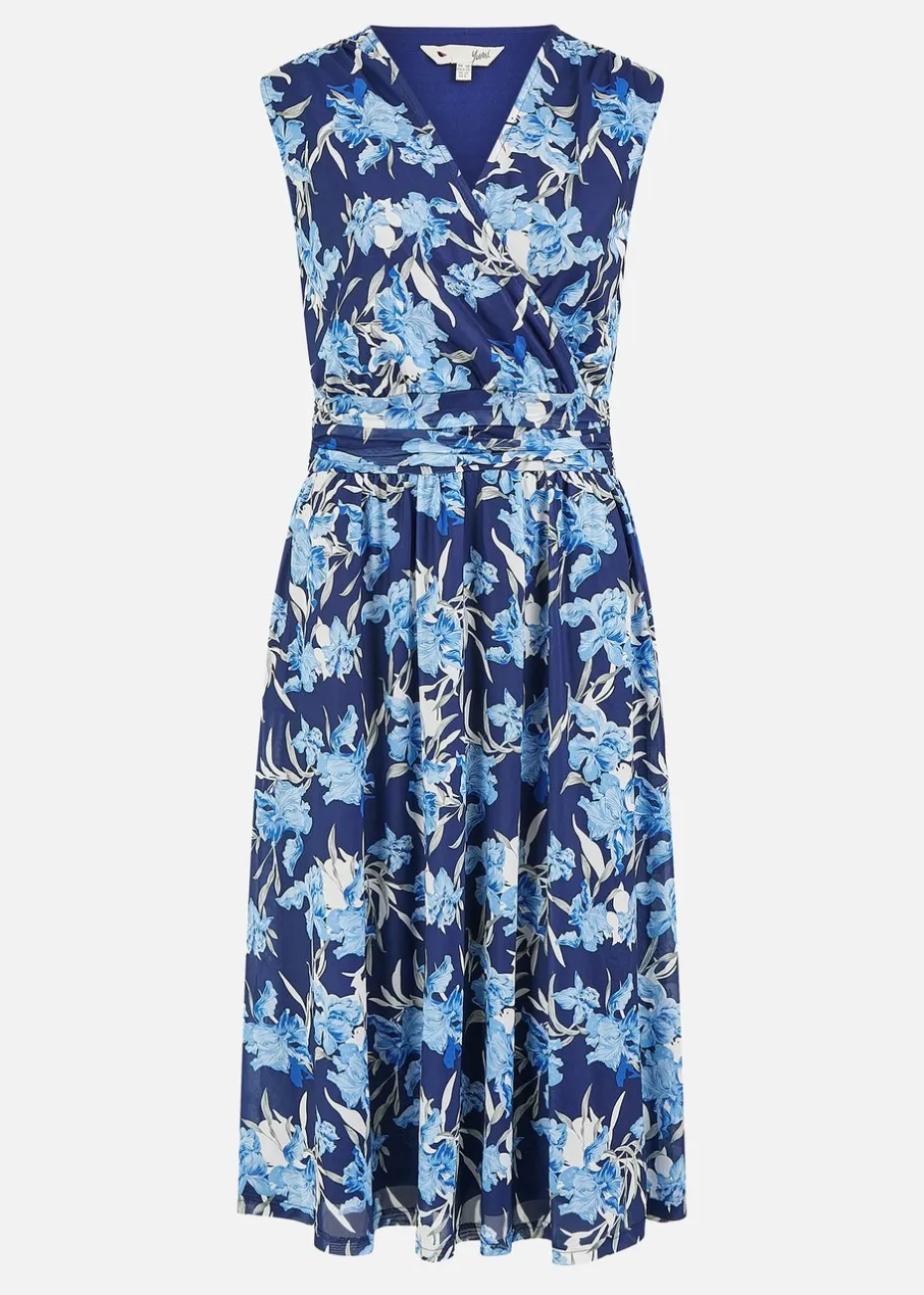 Yumi Blue Floral Mesh Wrap Skater Dress With Pockets