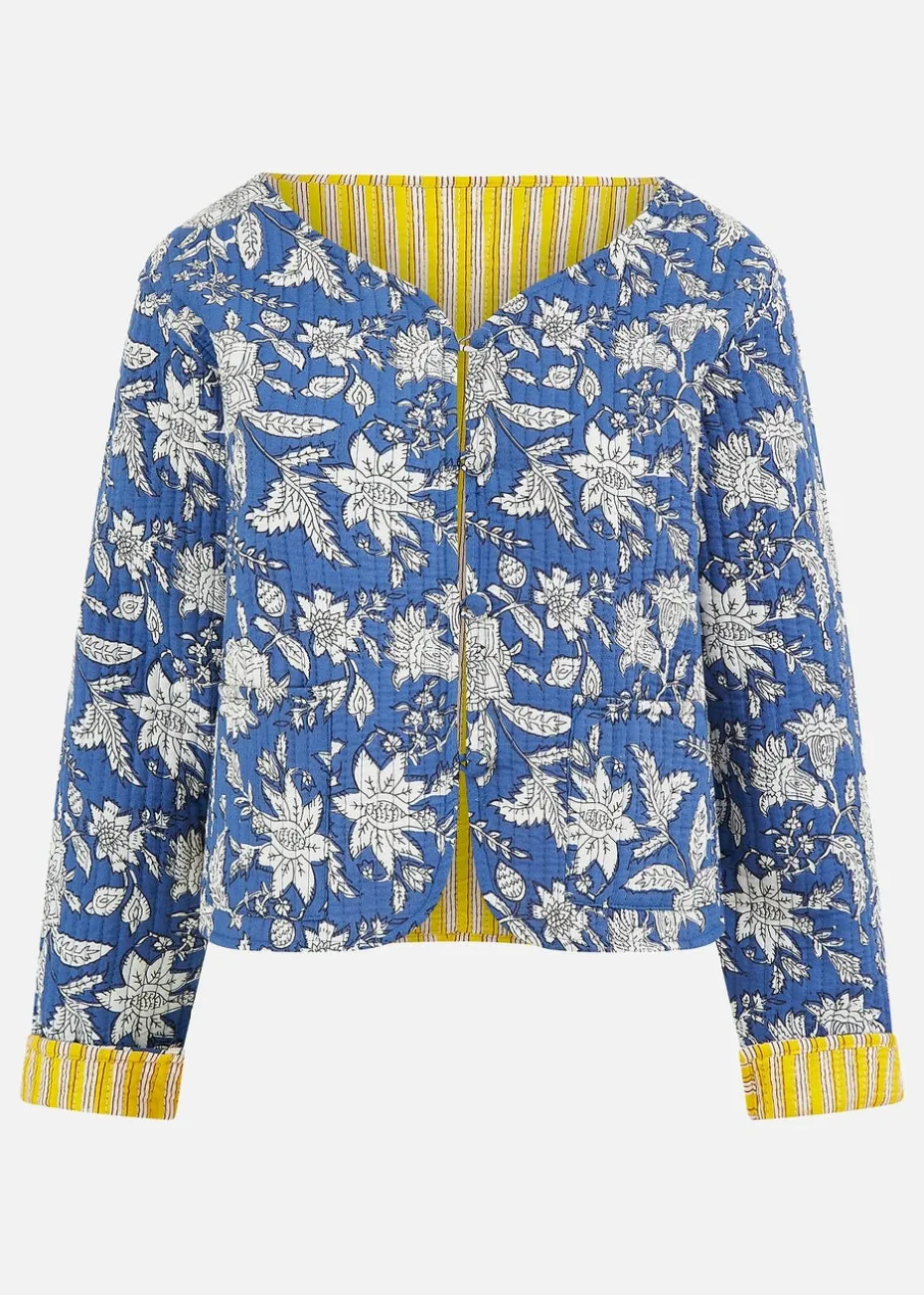Yumi Blue Floral Reversible Cotton Quilted Jacket