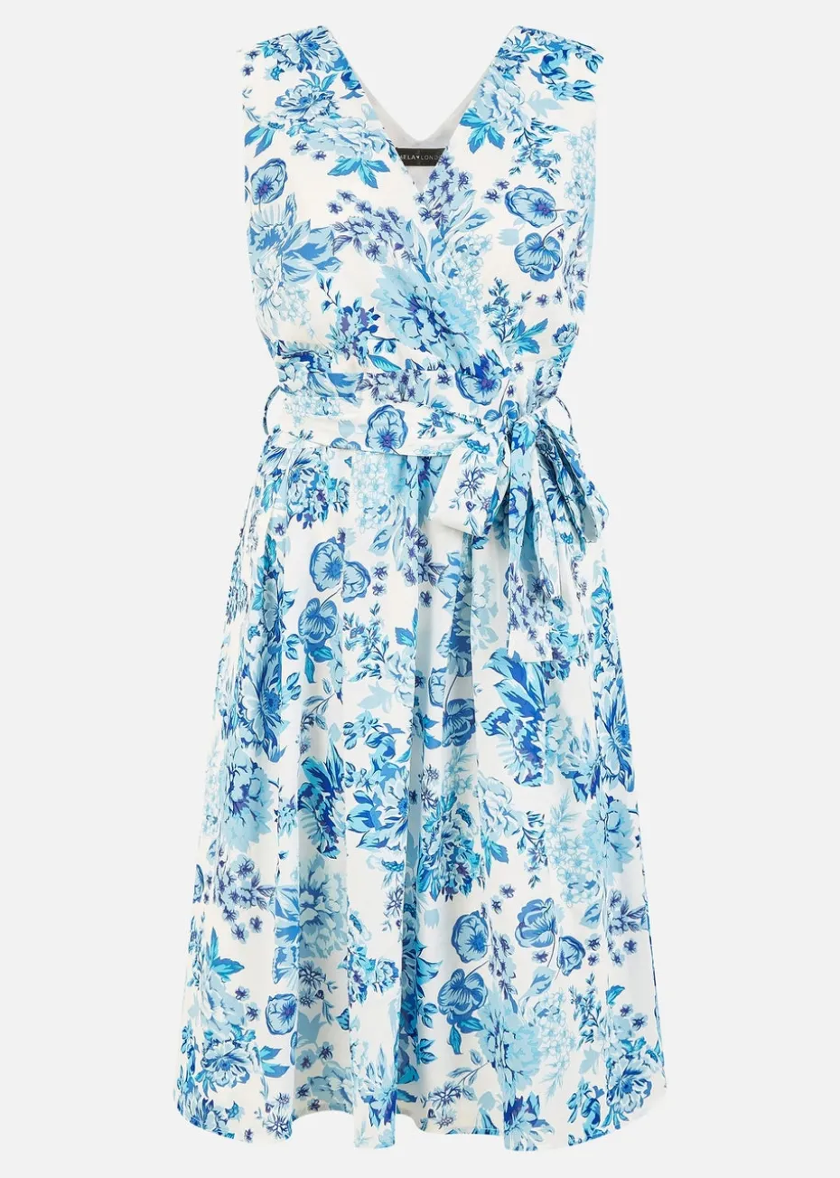 Yumi Blue Floral Wrap Over Skater Dress