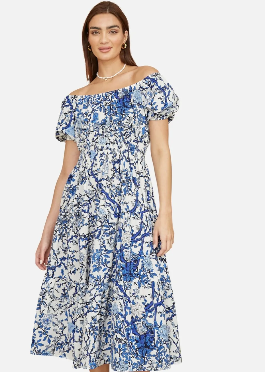 Yumi Blue Ruched Waist Bardot Blossom Tree Print Midi Dress
