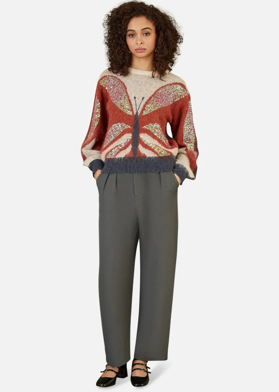 Yumi Brown Butterfly Sequin Knitted Jumper