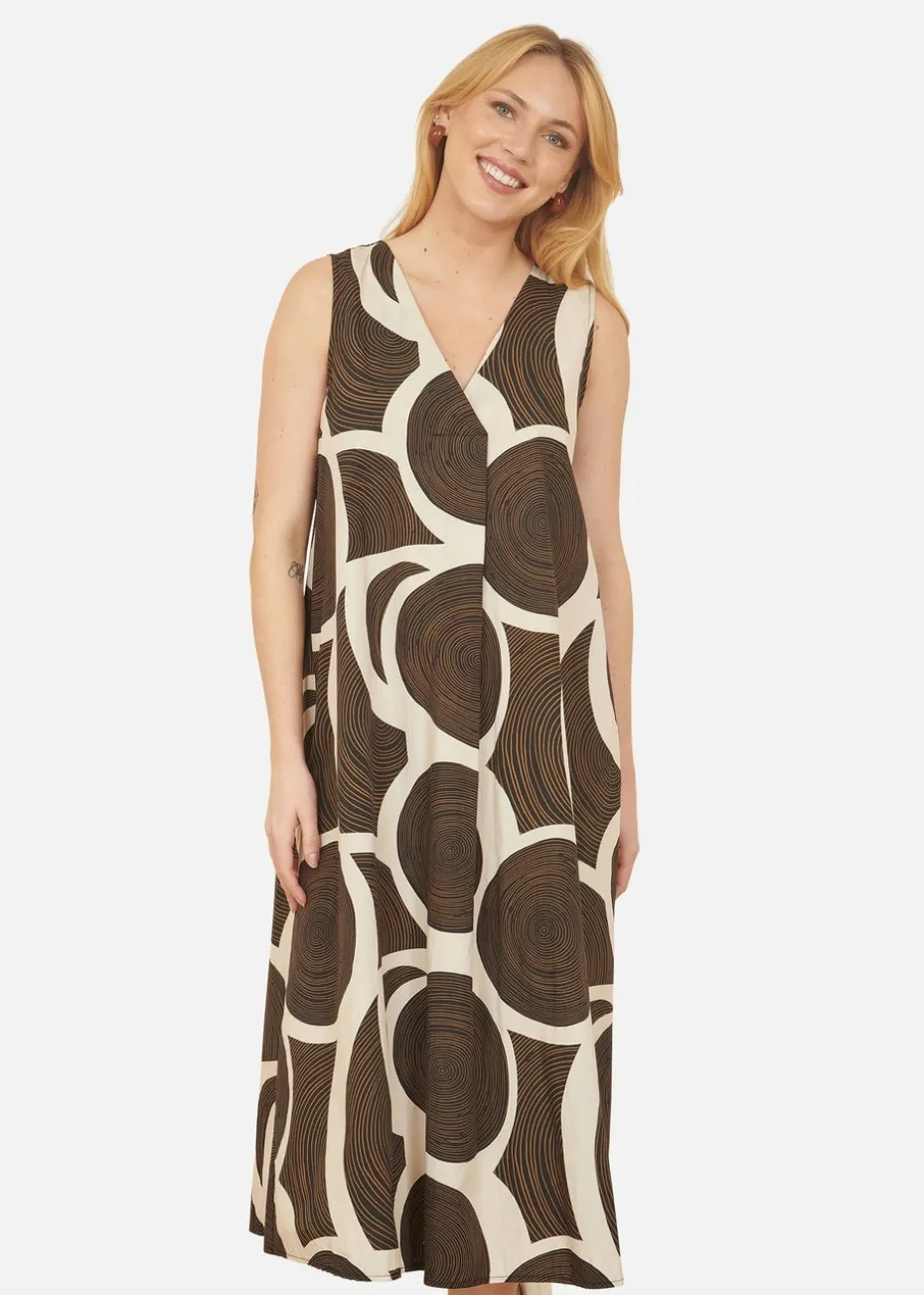 Yumi Brown Cotton Abstract Circle Trapeze Relaxed Midi Dress