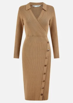 Yumi Brown Knitted Midi Dress With Asymmetric Button Details