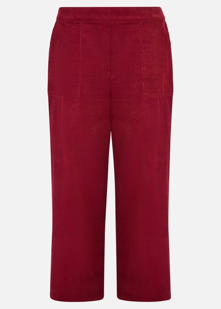 Yumi Burgundy Cord Cropped Wide Leg Trousers With Pockets