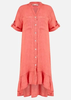 Yumi Coral Italian Linen Shirt Dress With Frill Hem