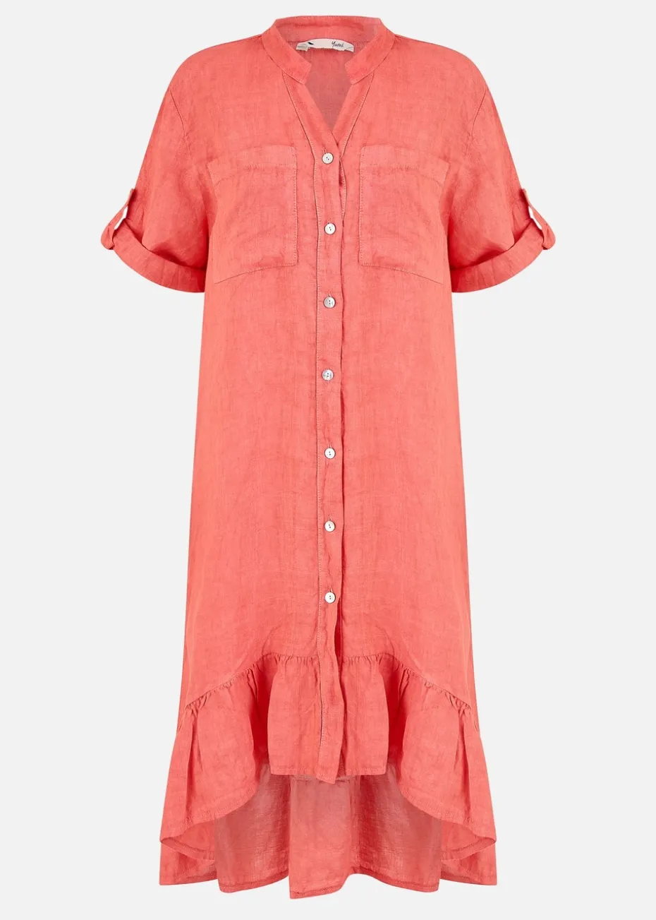 Yumi Coral Italian Linen Shirt Dress With Frill Hem