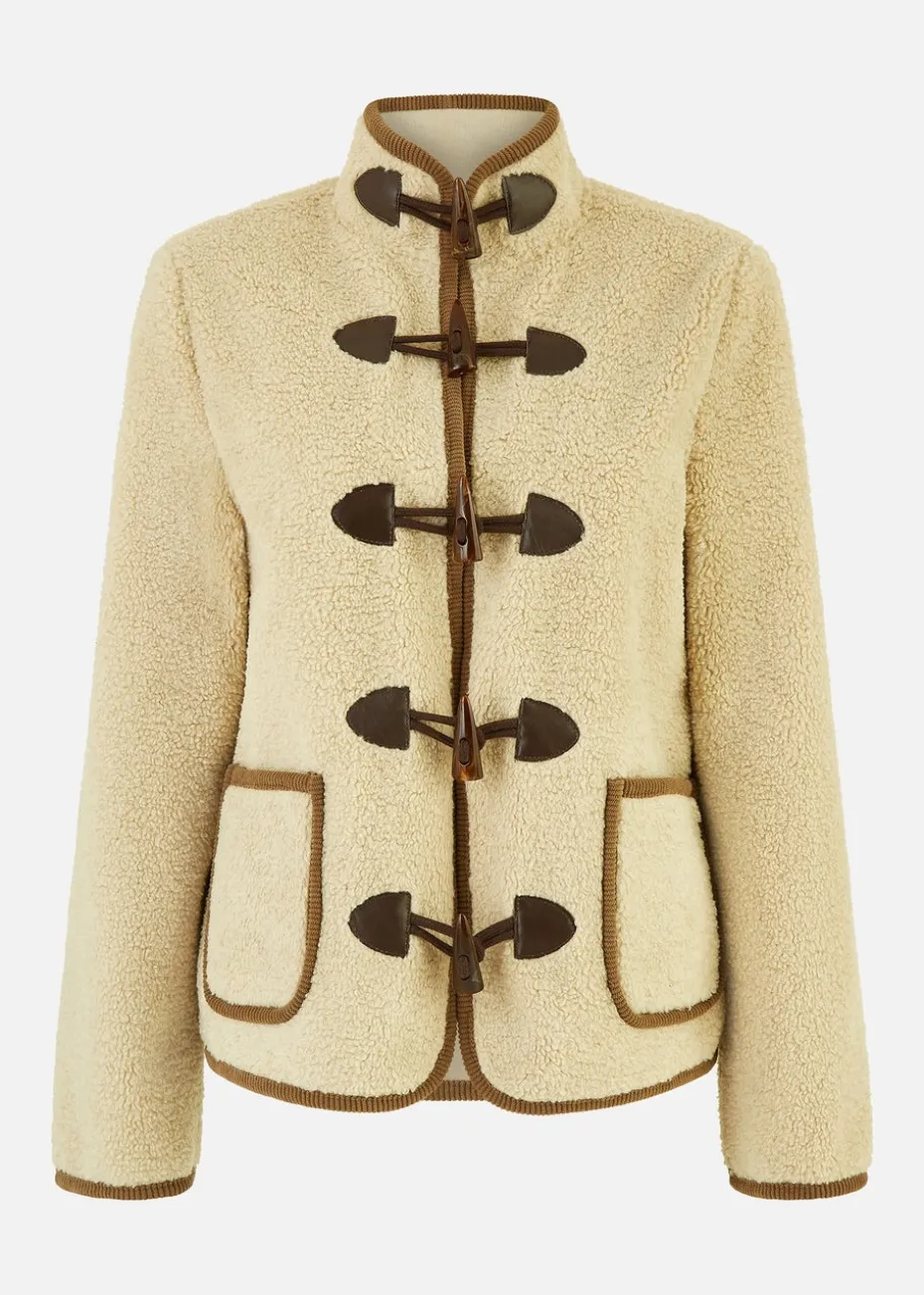 Yumi Cream Borg Jacket With Faux Leather Button Details