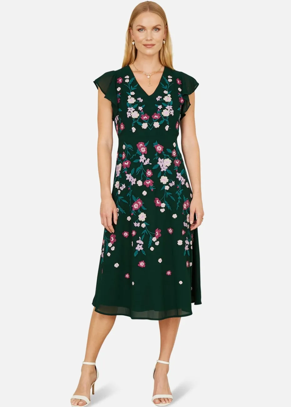 Yumi Green All Over Floral Embroidery Midi Skater Dress