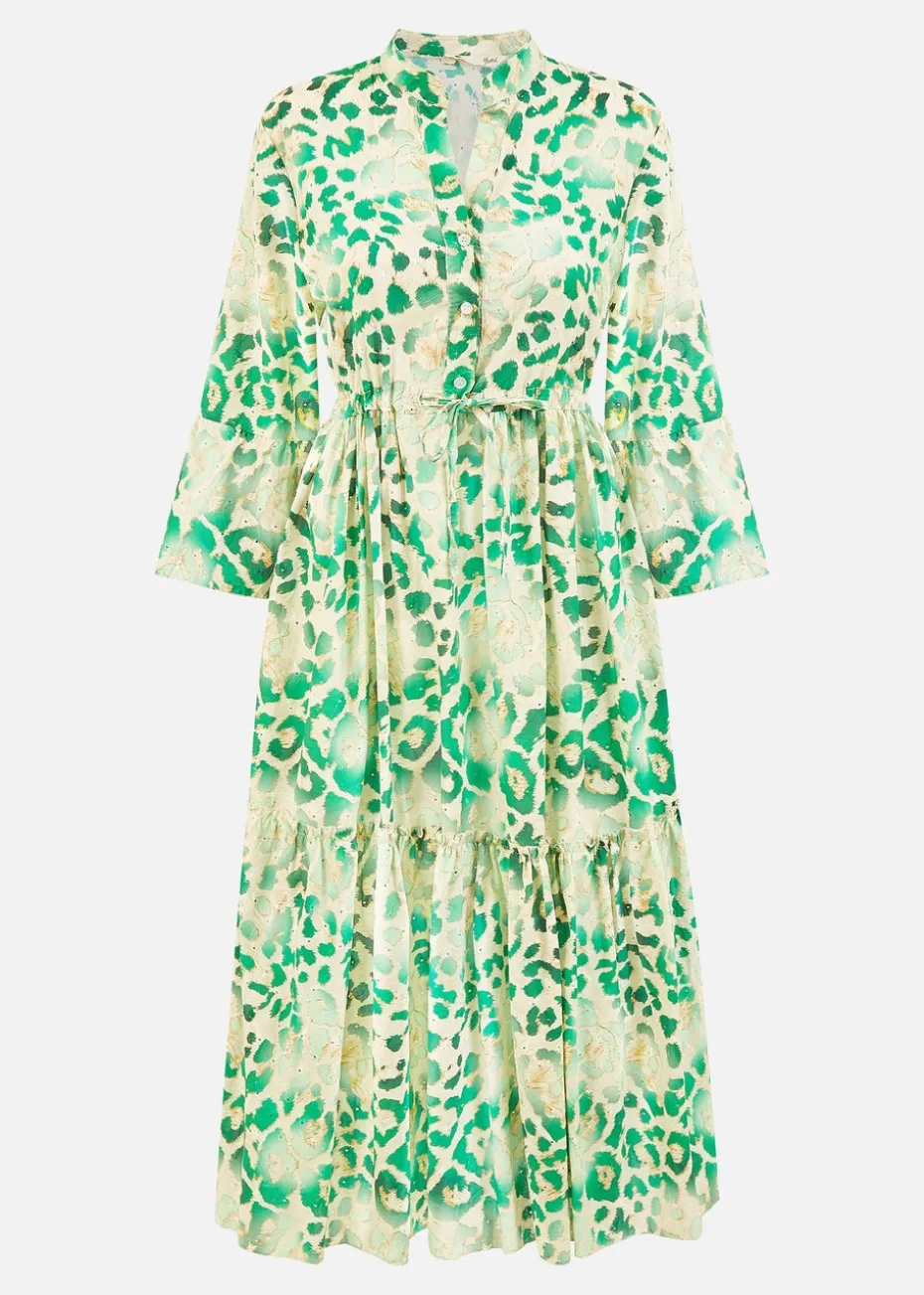 Yumi Green Animal Print Broderie Anglaise Cotton Midi Shirt Dress