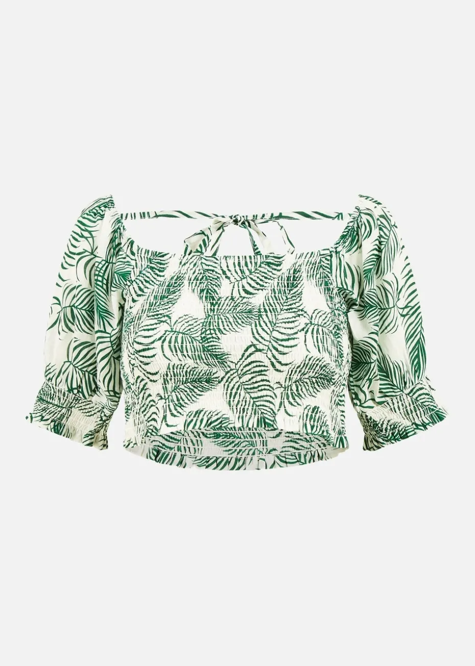 Yumi Green Cotton Voile Palm Leaf Ruched Crop Top