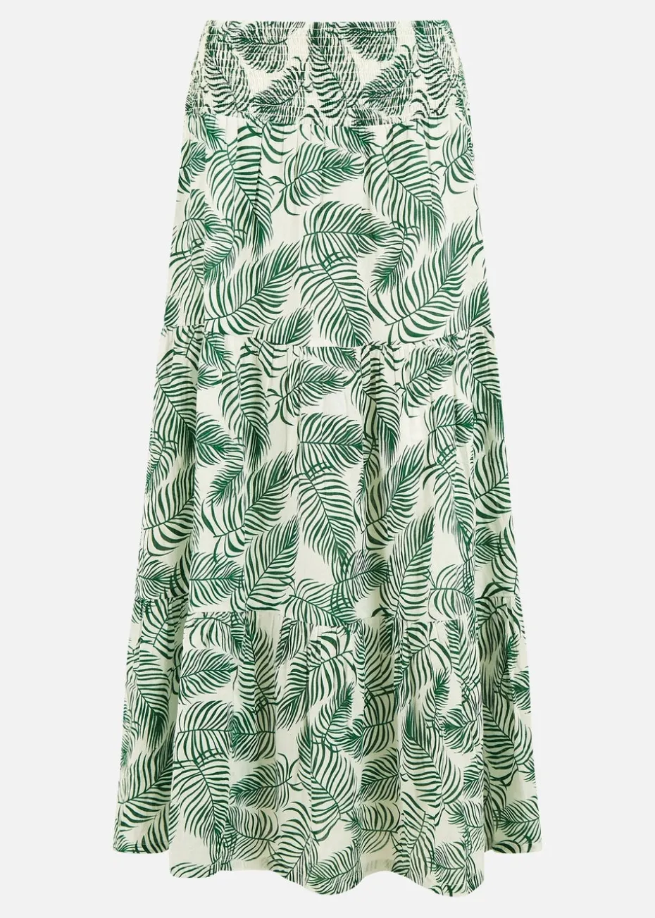 Yumi Green Cotton Voile Palm Leaf Ruched Waist Midi Skirt