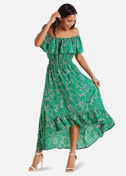 Yumi Green Floral Bardot Maxi Dress