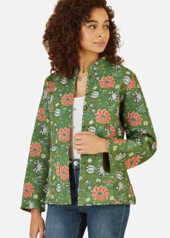 Yumi Green Floral Print Reversible Cotton Cropped Quilted Jacket