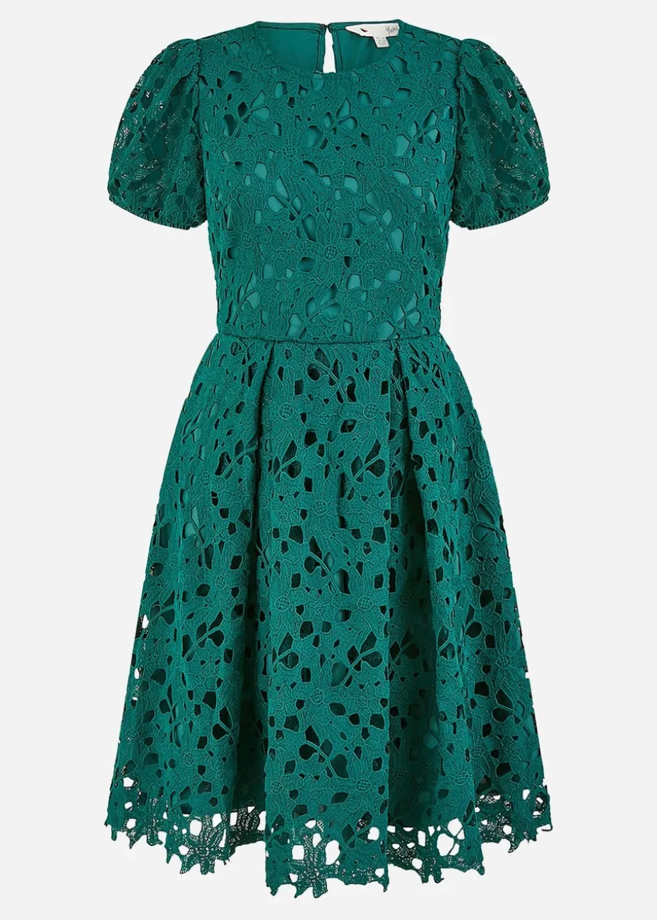 Yumi Green Lace Skater Dress With Puff Sleeves