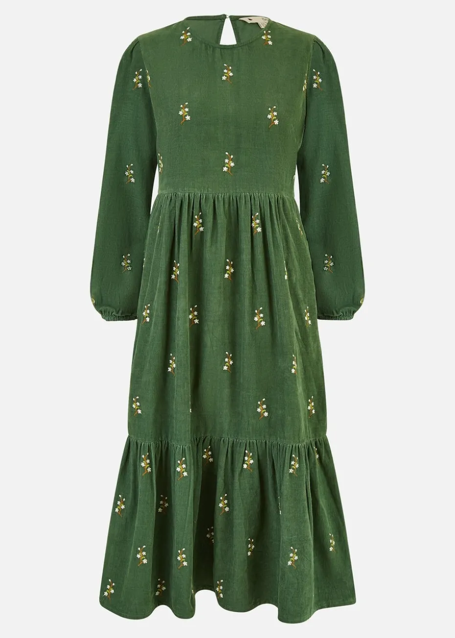 Yumi Green Long Sleeve Midi Dress With Floral Embroidery
