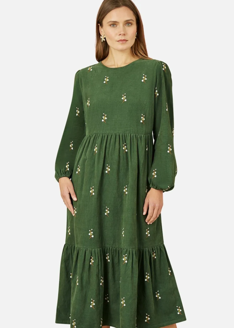 Yumi Green Long Sleeve Midi Dress With Floral Embroidery