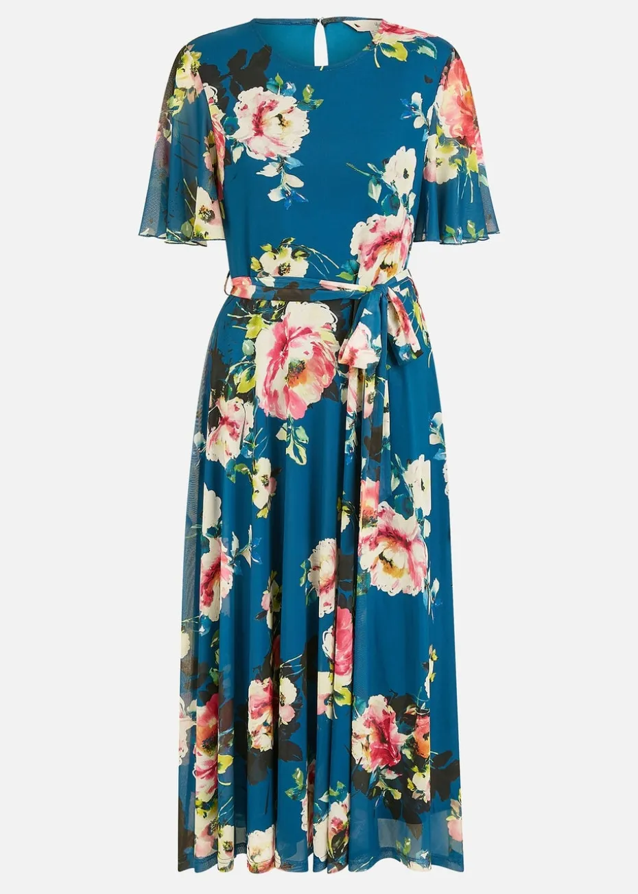 Yumi Green Mesh Floral Midi Dress With Angel Sleeves