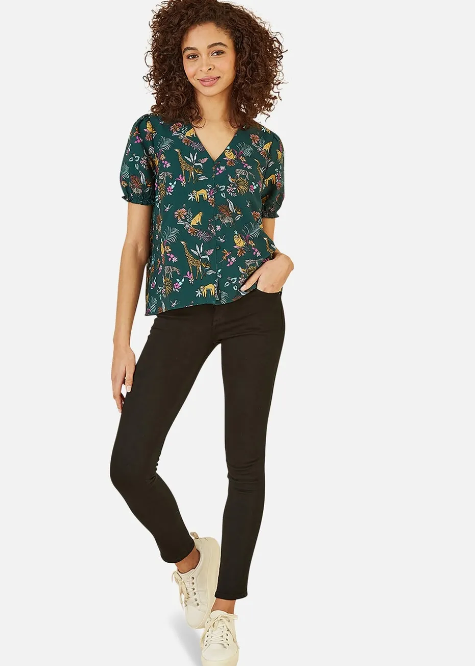 Yumi Green Recycled Fabric Safari Animal Print Shirt