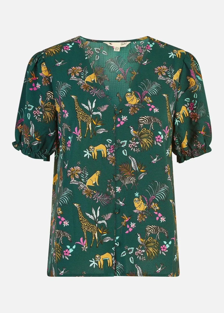 Yumi Green Recycled Fabric Safari Animal Print Shirt