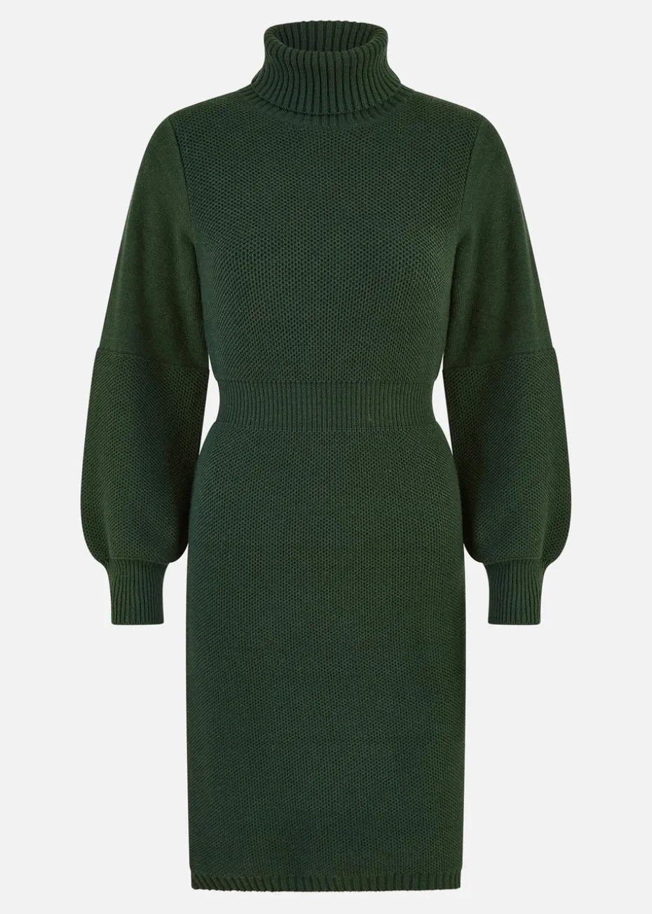 Yumi Green Roll Neck Knitted Dress With Fitted Waist
