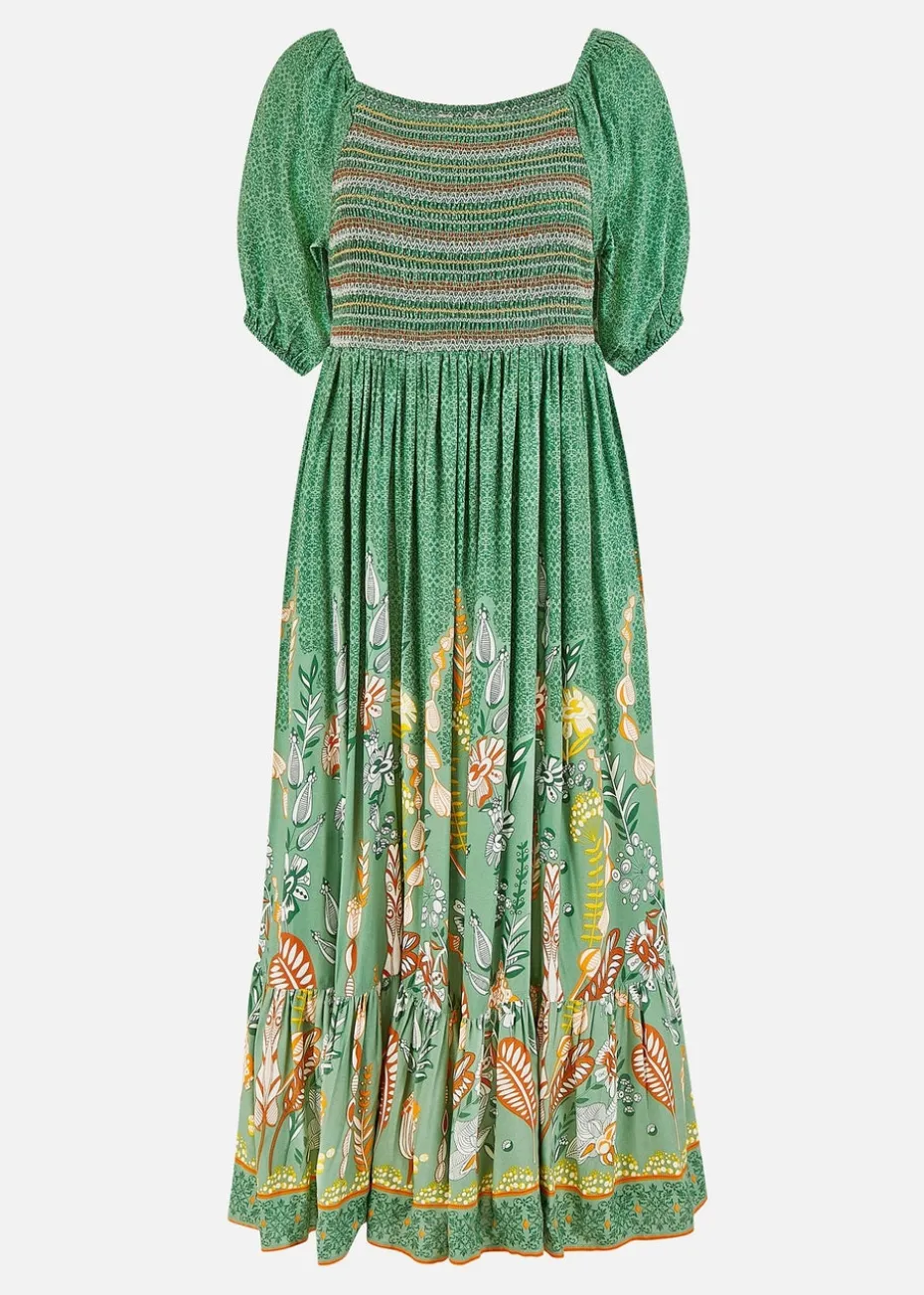 Yumi Green Ruched Leaf Print Maxi Dress With Puff Sleeves