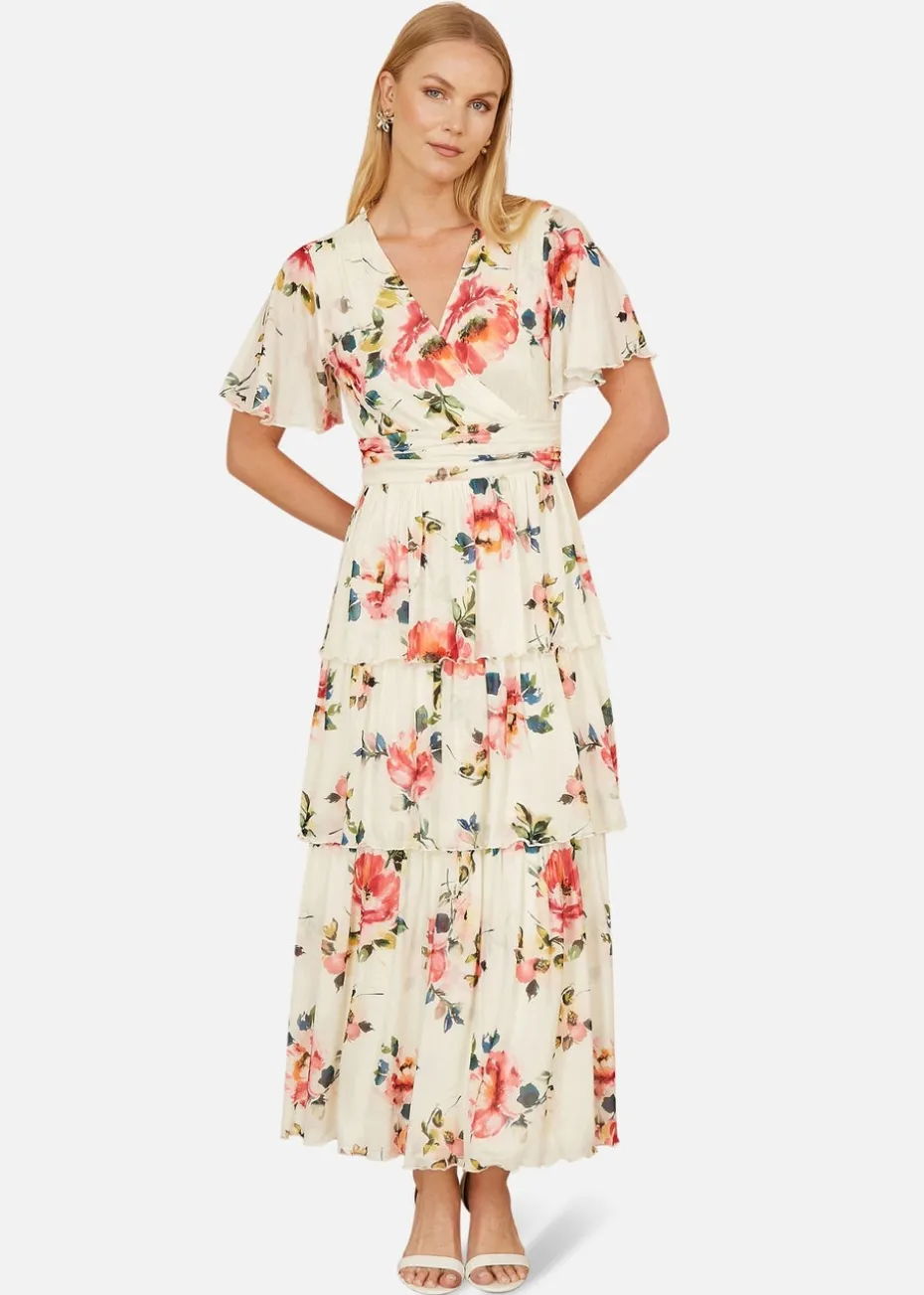 Yumi Ivory Floral Mesh Tiered Maxi Dress
