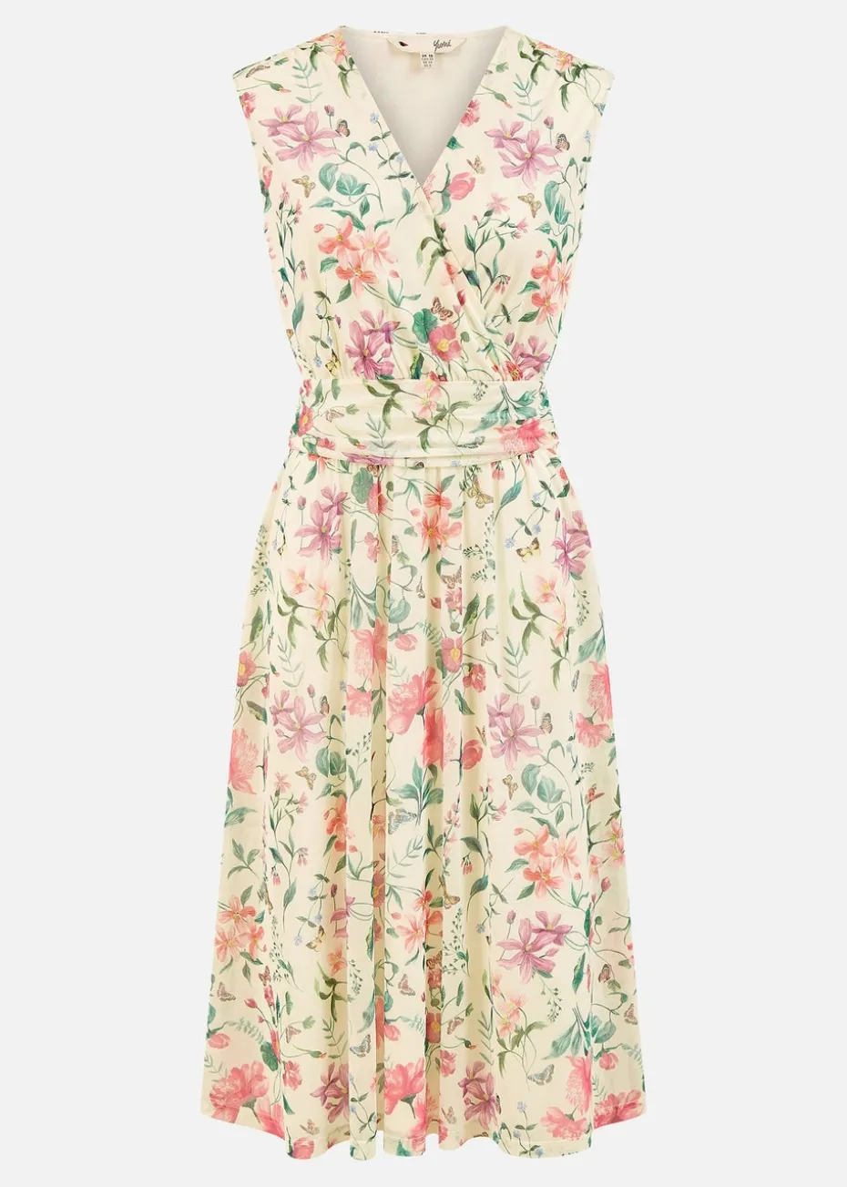 Yumi Ivory Floral Print Mesh Stretch Midi Dress With Pockets