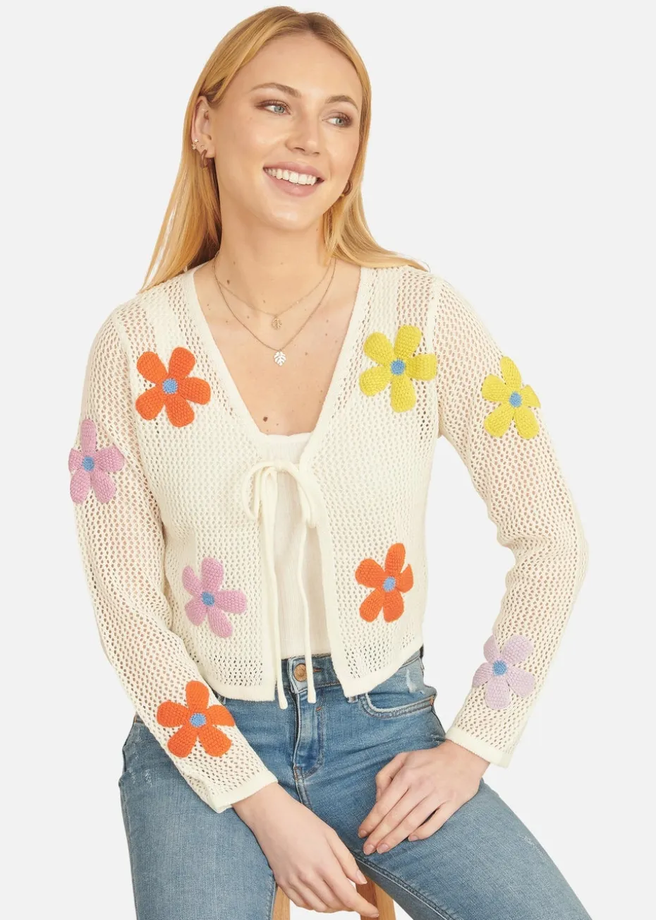 Yumi Ivory Tie Front Cardigan With Flower Design