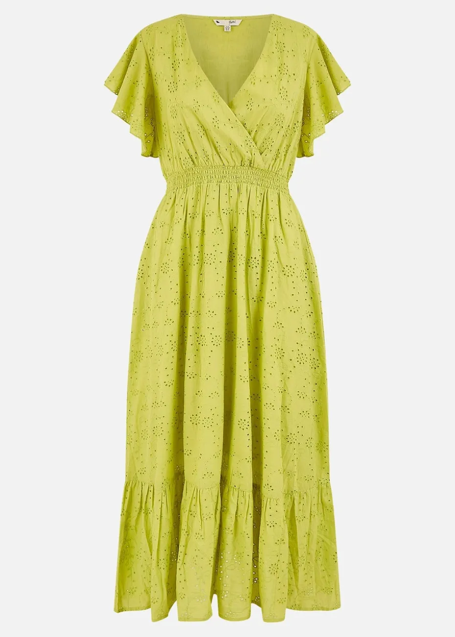 Yumi Lime Cotton Broderie Anglaise Wrap Midi Dress
