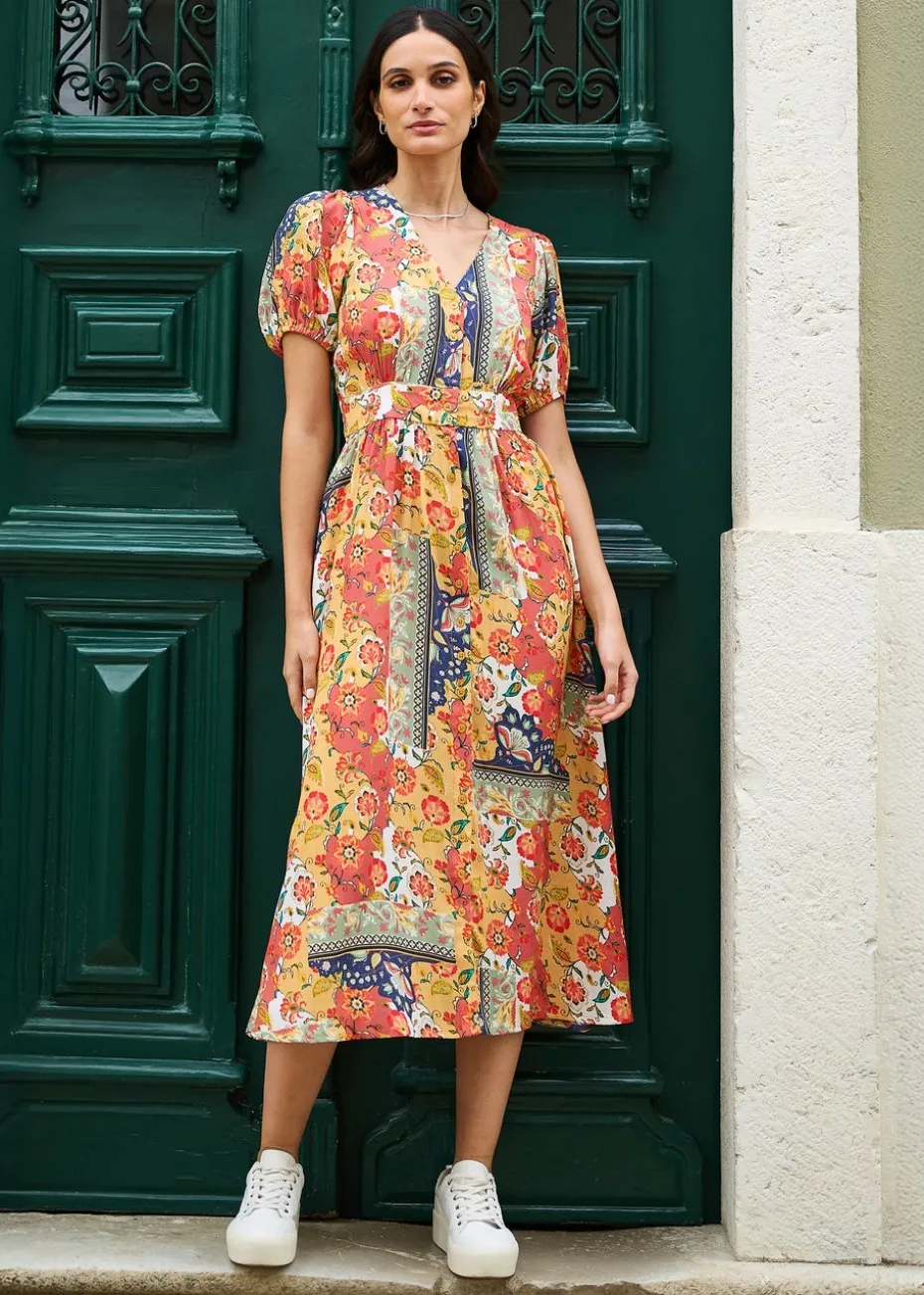Yumi Multicolour Floral Patchwork Print Midi Shirt Dress