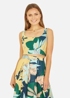 Yumi Multicolour Organic Cotton Leaf Print Crop Top