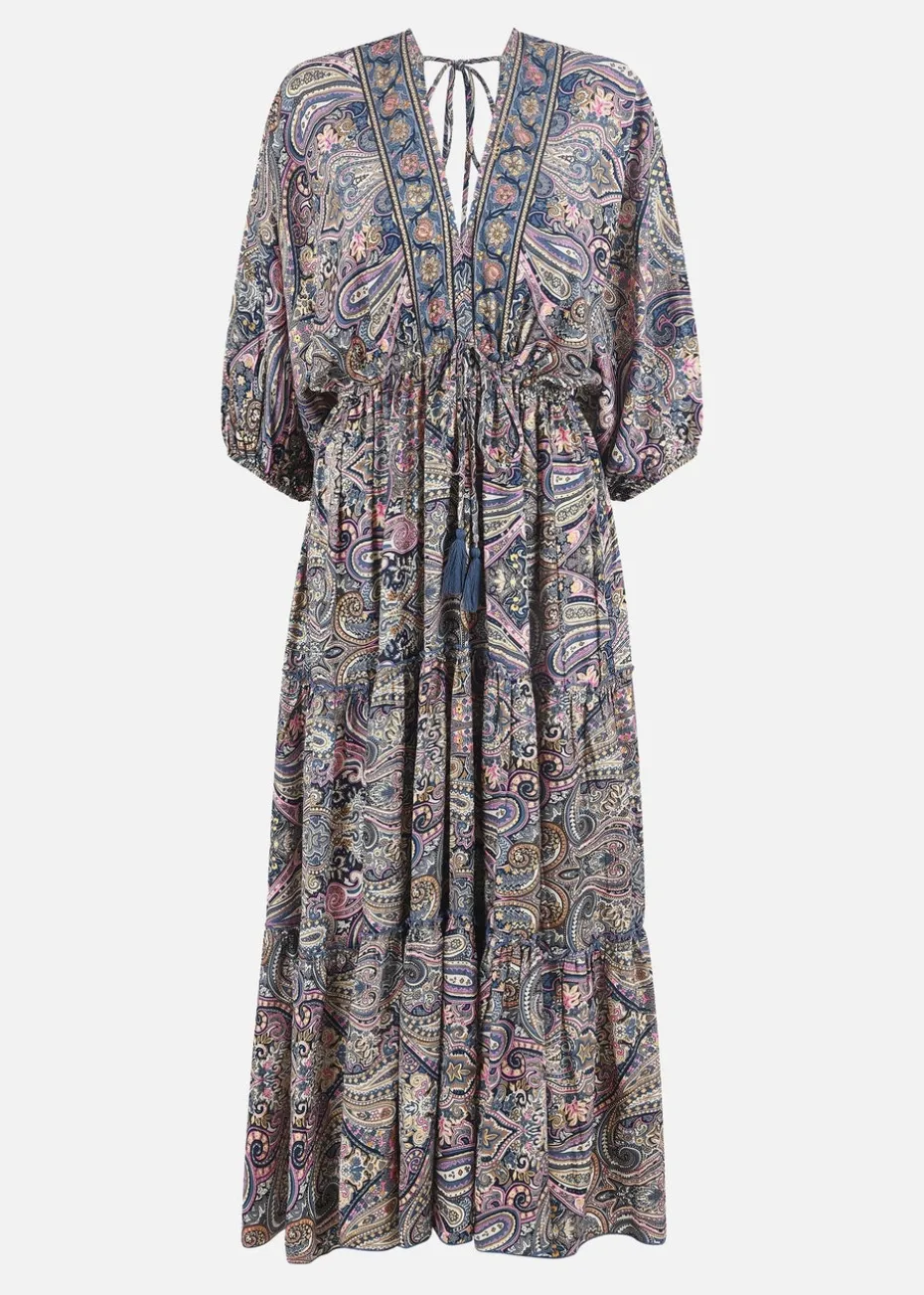 Yumi Multicolour Paisley Print Midi Kimono Dress With Tie Back