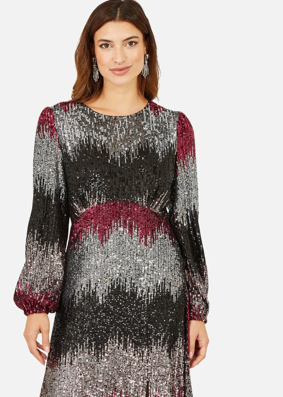 Yumi Multicolour Sequin Ombre Long Sleeve Midi Dress