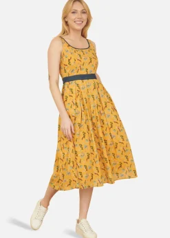 Yumi Mustard Floral Skater Dress With Denim Trims