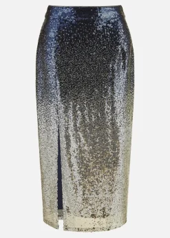 Yumi Navy & Silver Sequin Split Fitted Midi Skirt