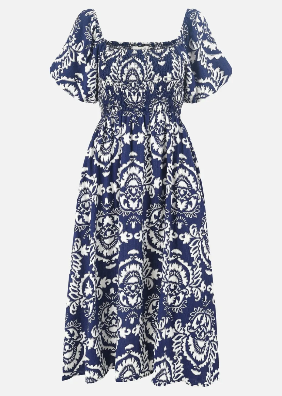 Yumi Navy Aztec Print Ruched Midi Dress