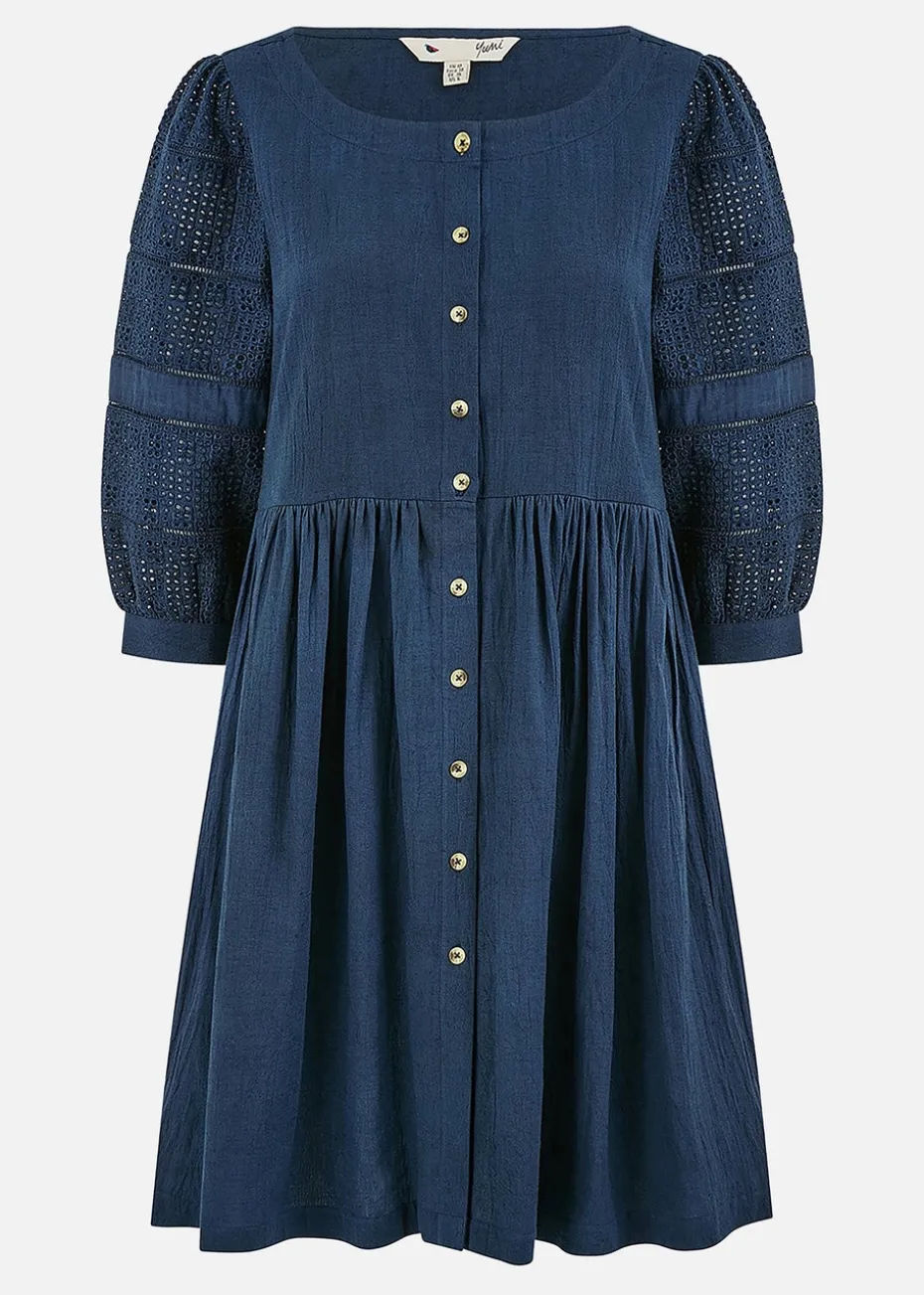 Yumi Navy Cotton Tunic With Broderie Anglaise Puff Sleeves