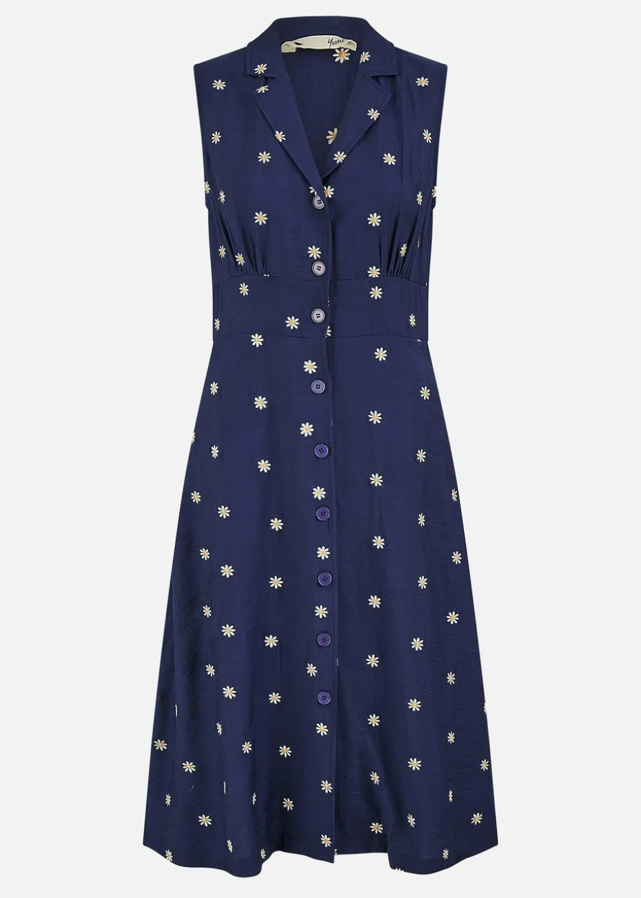 Yumi Navy Daisy Print Sleeveless Shirt Dress