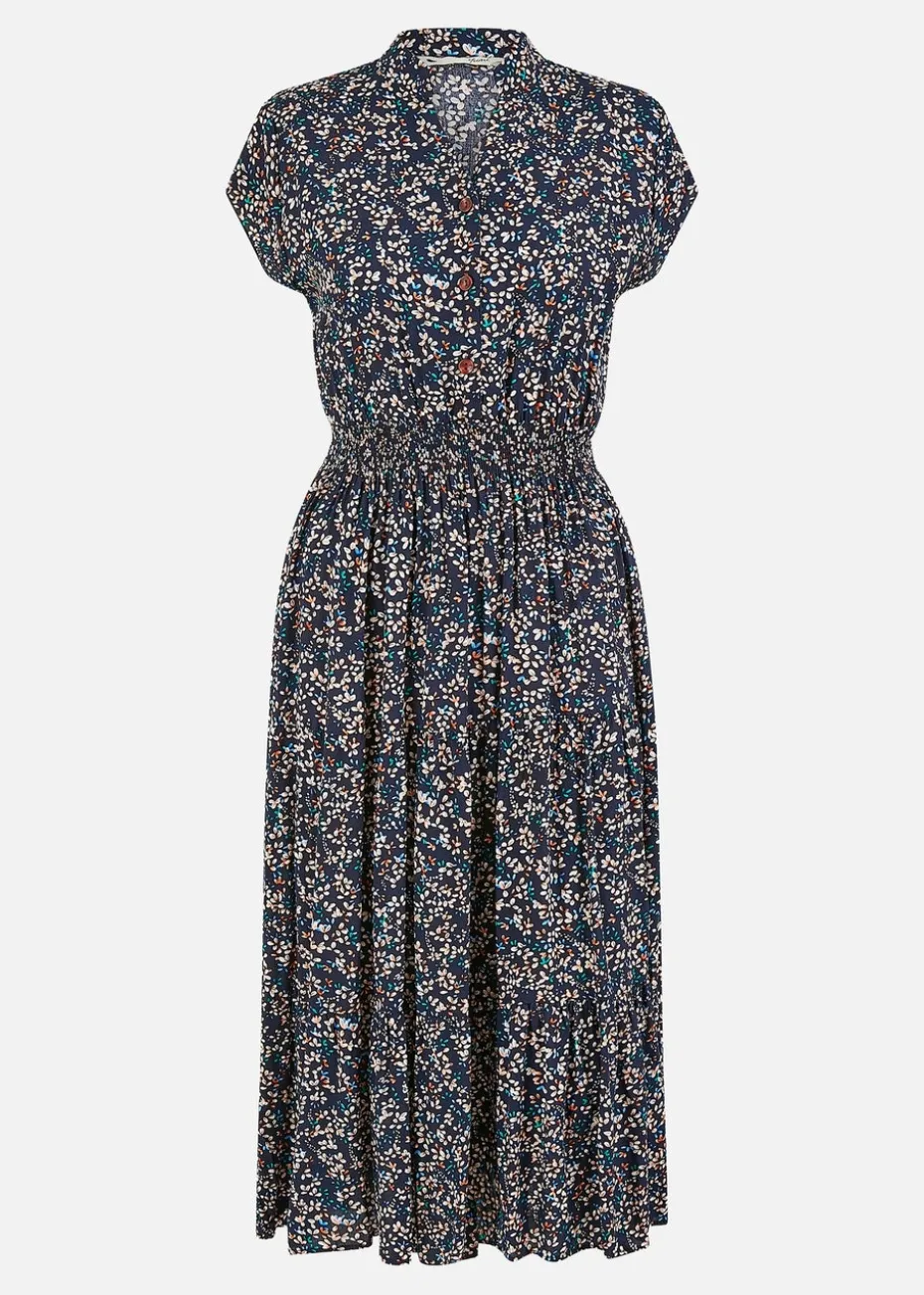 Yumi Navy Ditsy Print Ruched Waist Button Down Midi Dress