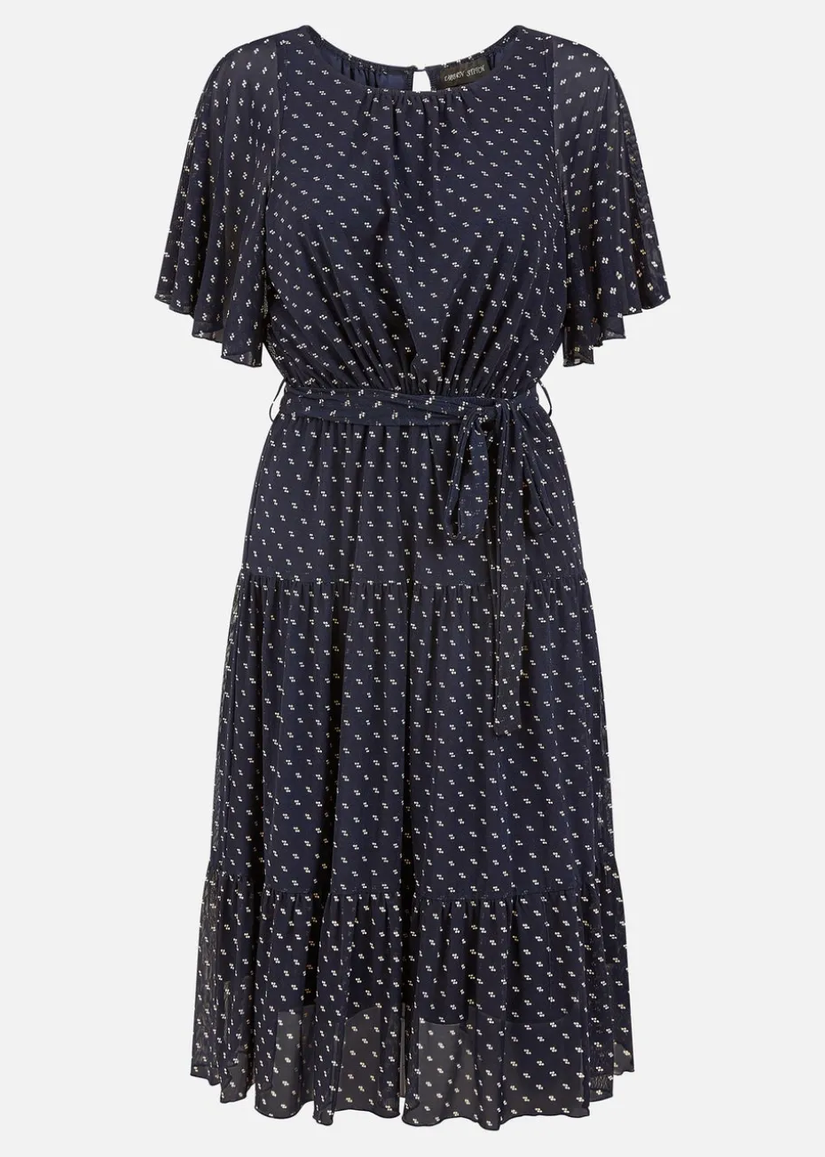 Yumi Navy Dot Print Mesh Stretch Midi Skater Dress