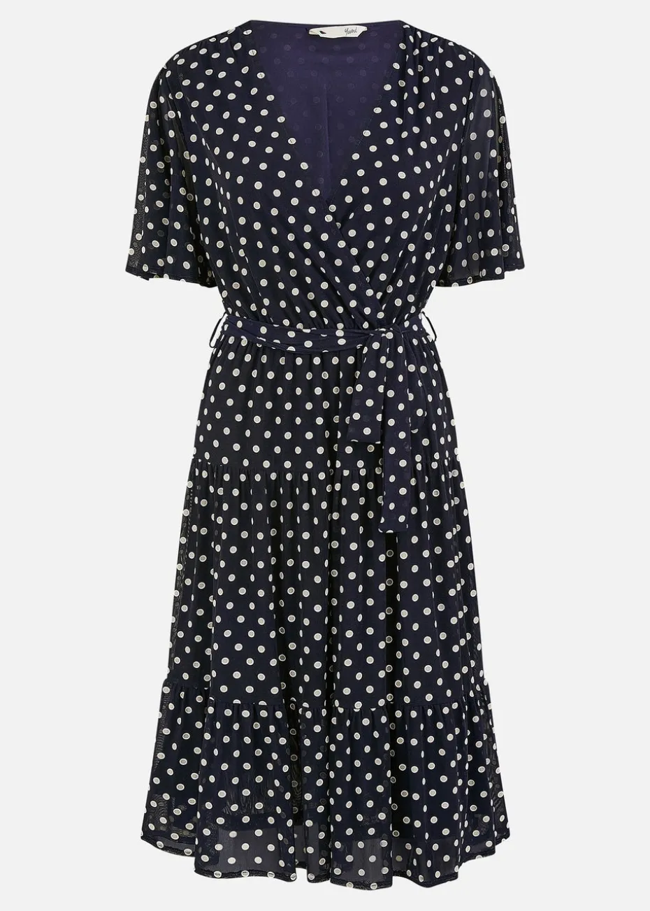 Yumi Navy Dot Print V-Neck Midi Skater Dress