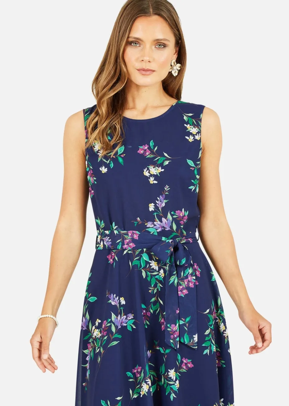 Yumi Navy Floral Print Midi Skater Dress