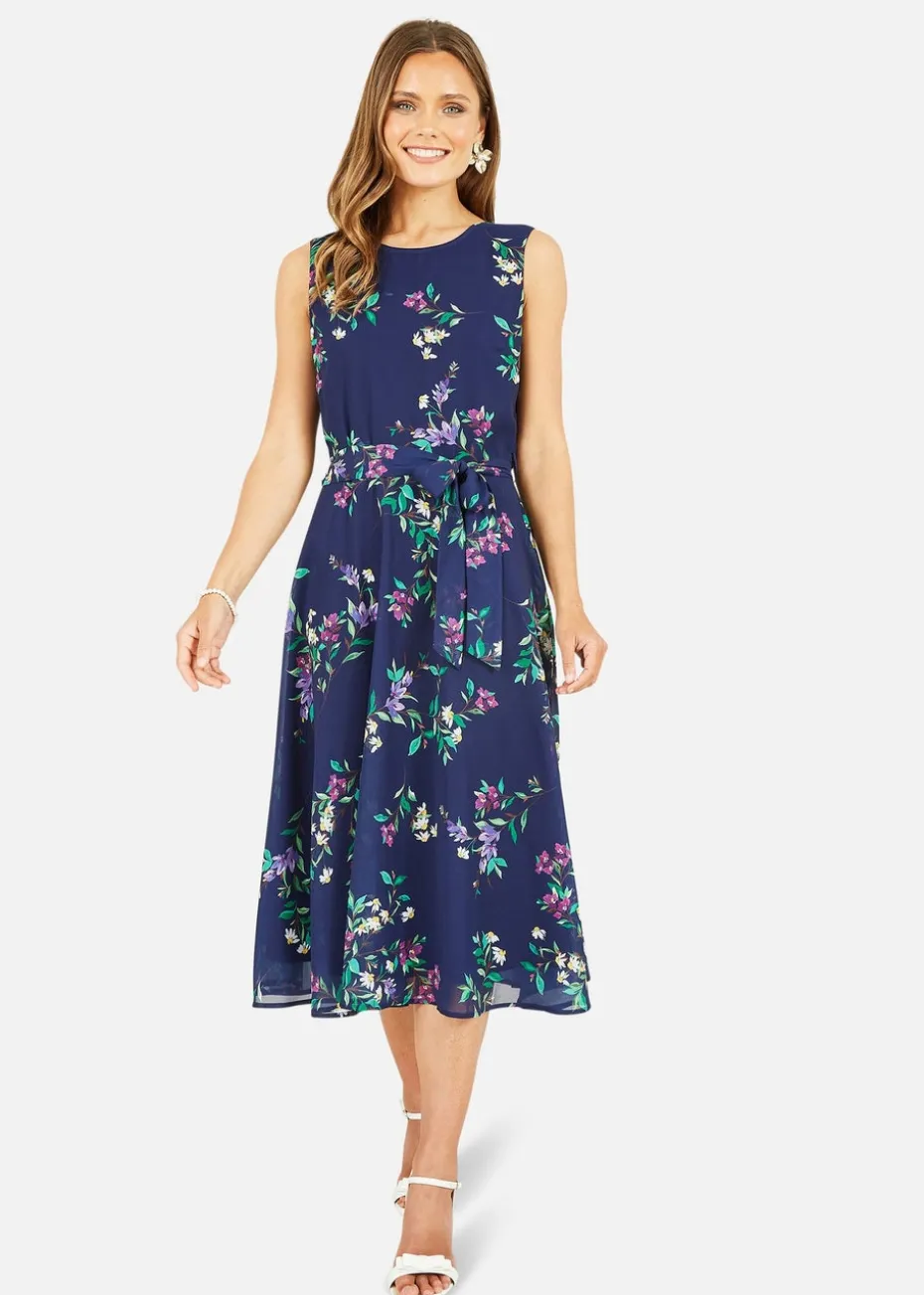 Yumi Navy Floral Print Midi Skater Dress