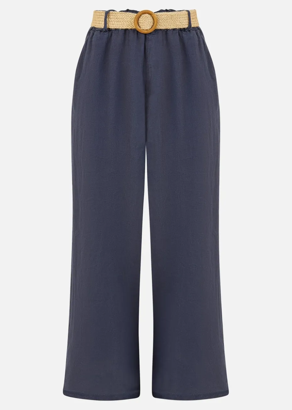 Yumi Navy Italian Linen Wide Leg Trousers With Belt