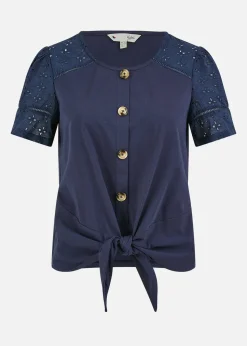 Yumi Navy Jersey Button Detail T-Shirt With Broderie Anglaise Sleeves And Tie Front