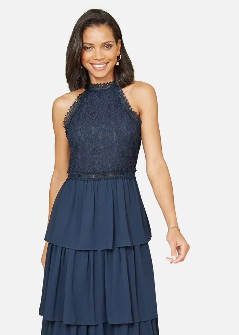 Yumi Navy Lace Halter Neck Midi Dress With Tiered Hem