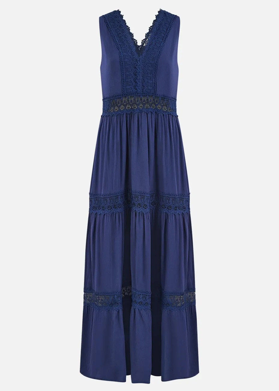 Yumi Navy Lace Trim Cotton Midi Sun Dress