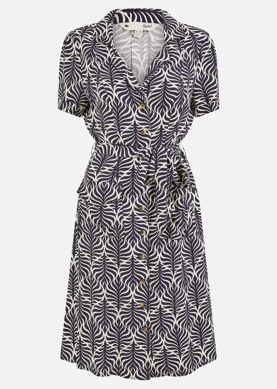 Yumi Navy Leaf Print Retro Shirt Dress