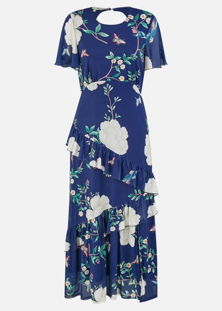 Yumi Navy Mesh Bird & Floral Print Midi Dress With Ruffles