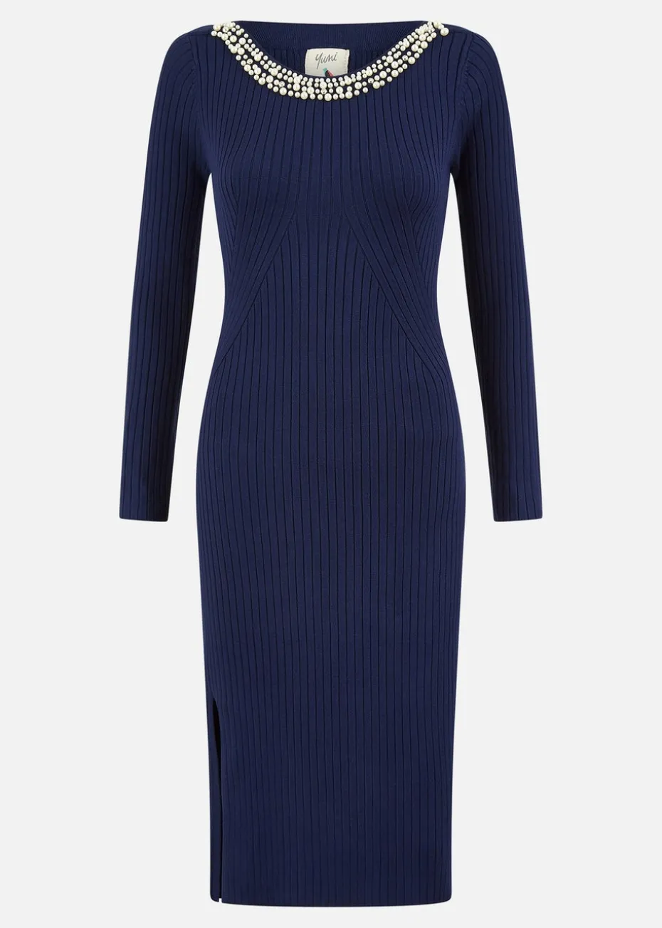 Yumi Navy Pearl Neckline Fitted Midi Knitted Dress